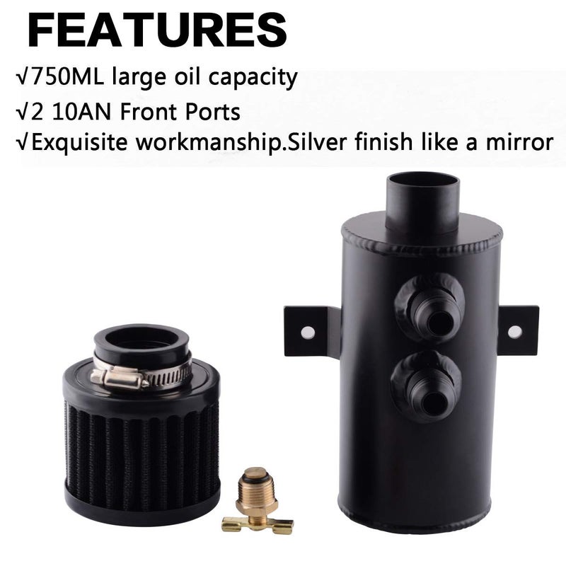 ESPEEDER 750ml Oil Catch Can Kit with Breather Filter | 10AN Universal Baffled Air Oil Separator & Breather Tank | 2 Port Aluminum Reservoir for High Performance & Racing - Black - Image 5
